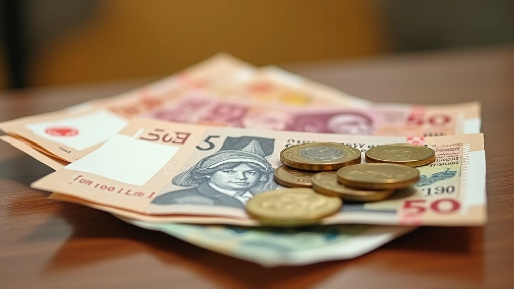 Stack of Malaysian ringgit banknotes and coins arranged on wooden surface with soft lighting