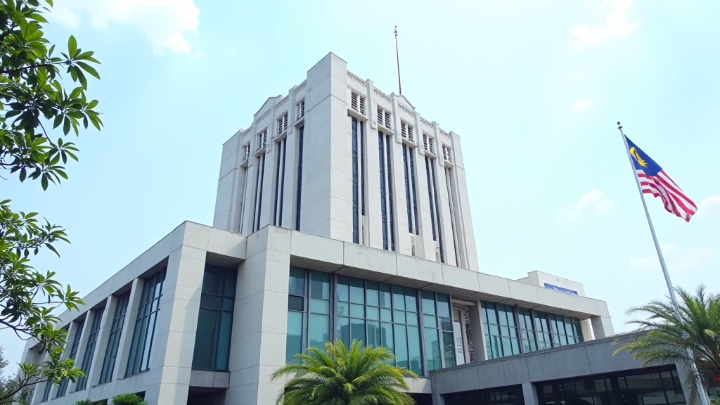 Modern central bank building exterior with Malaysian architecture and institutional setting