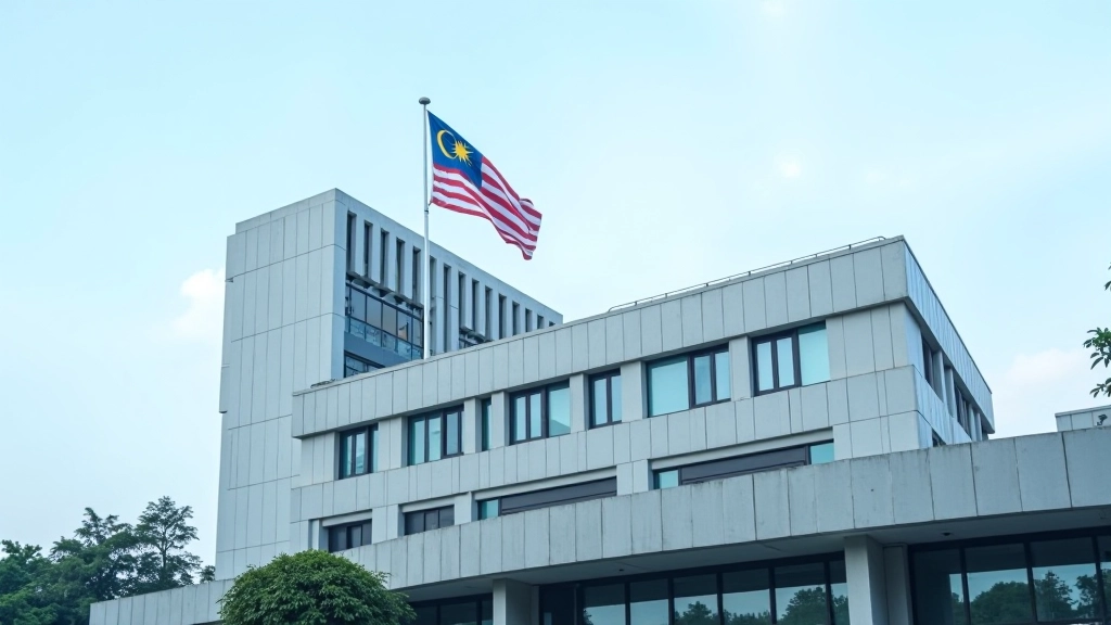 Central bank building exterior with Malaysian flag, modern architecture, official institutional setting